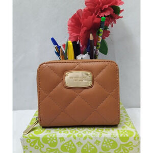 Michael Kors Brown Leather Quilted Zip Around Credit Card Bifold Square Wallet